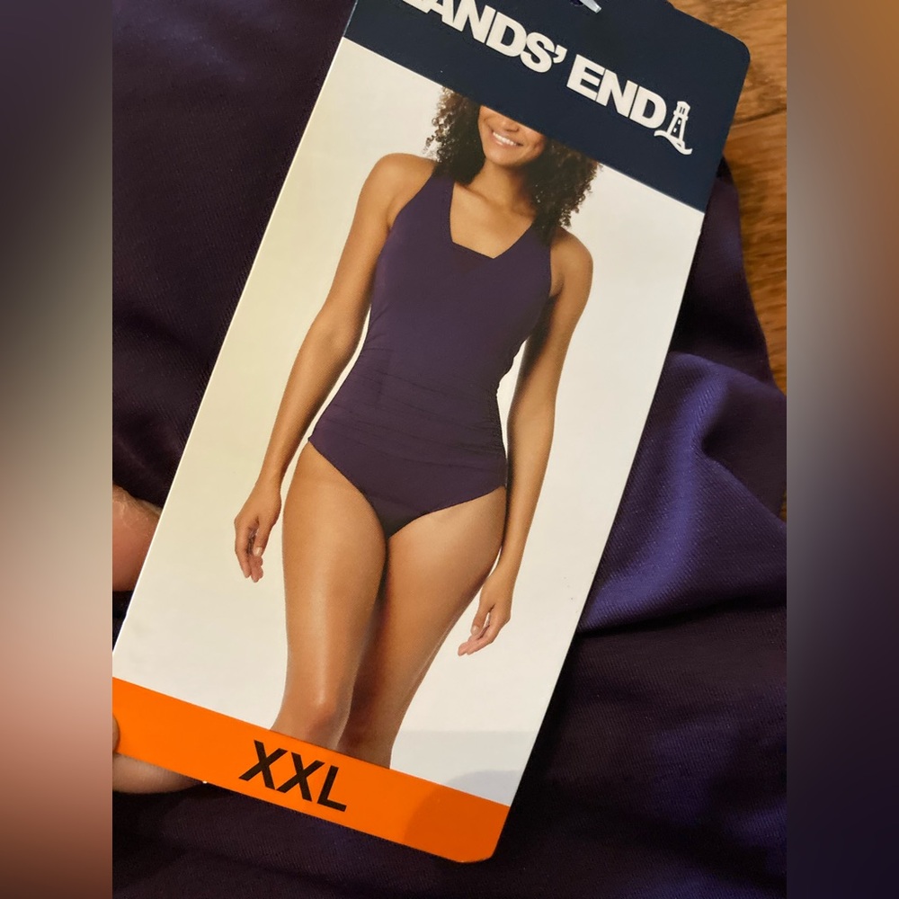 NWT Lands End Grecian Style Swimsuit UPF 50 Ruched sides Crisscrossed XXL Purple - Picture 2 of 9